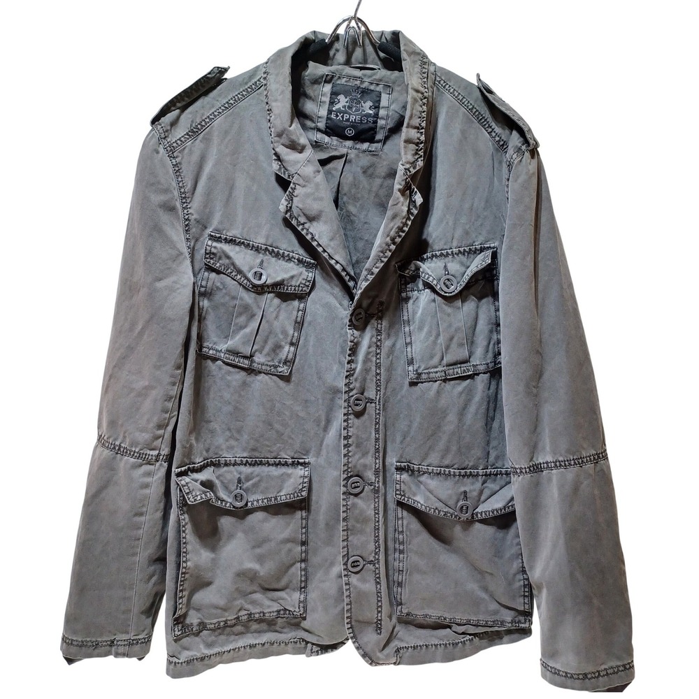 Y2K Express Mens M Military Field Jacket Gray 4 Pocket Utility Layer Grunge